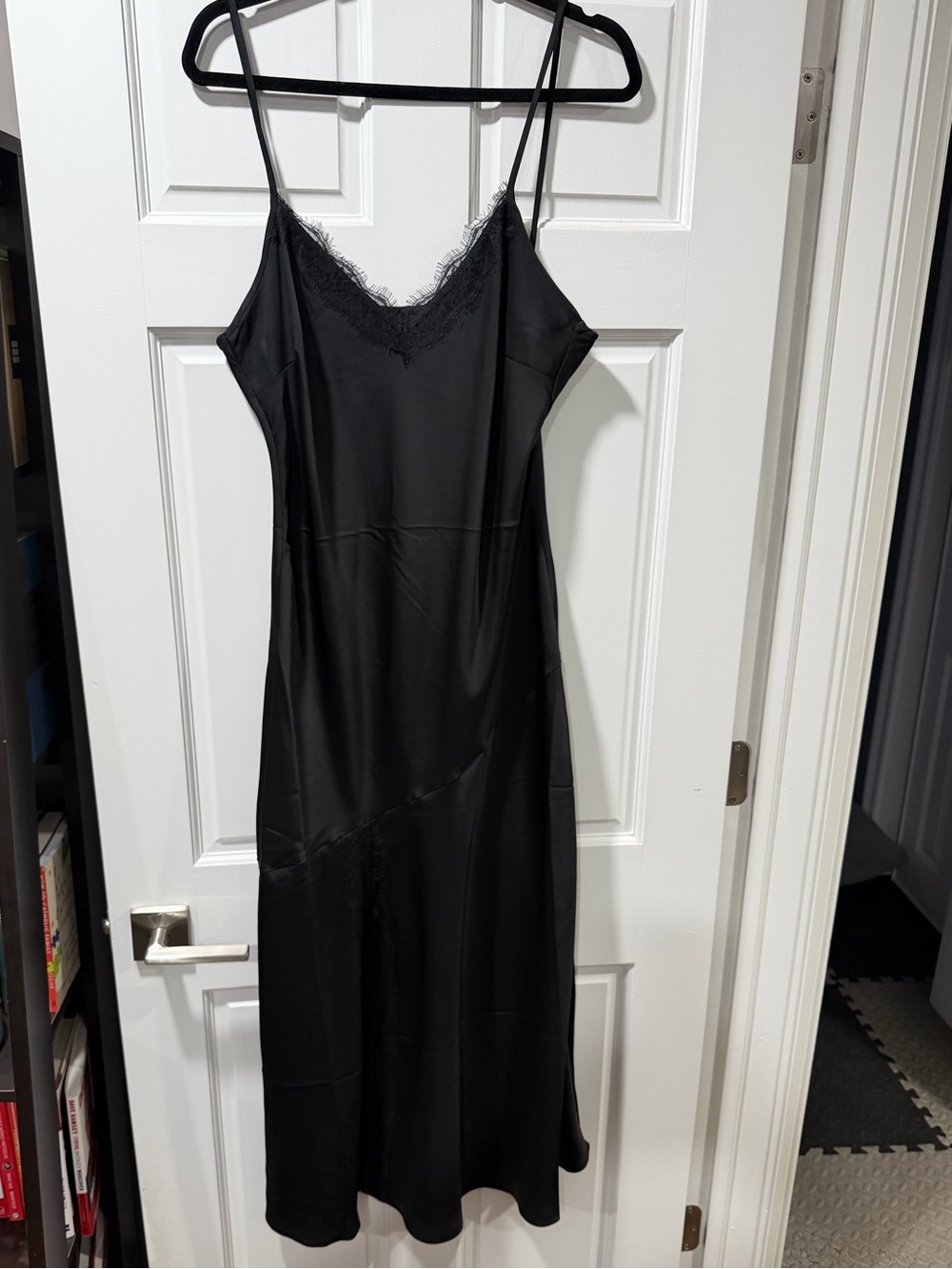 Black Satin Lace-Trim Slip Dress with slit